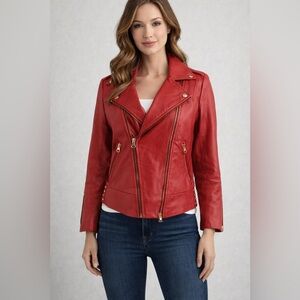 Guess Women’s Red Leather Moto Jacket XS Gold Hardware Biker Style Fitt